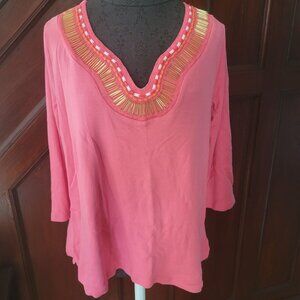 Rafaella Womens Pink Embellished Neckline 3/4 Sleeve Top Size XL